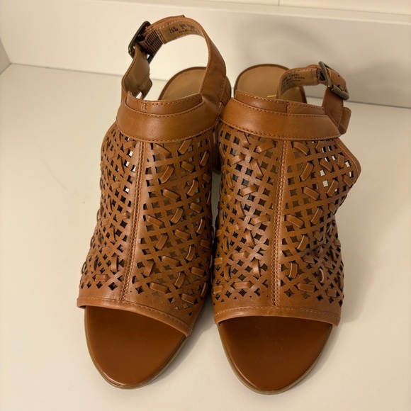 Franco Sarto Brown Leather Woven High Heel Sandals - Picture 3 of 7
